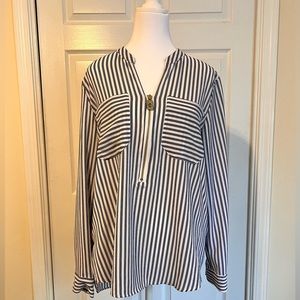 Michael Kors Blouse. Black and White Striped with gold zipper in front